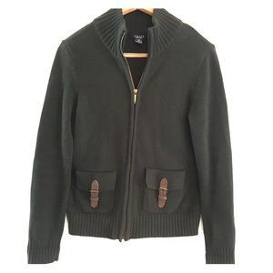Chaps knit sweater w/ zipper and leather buckles